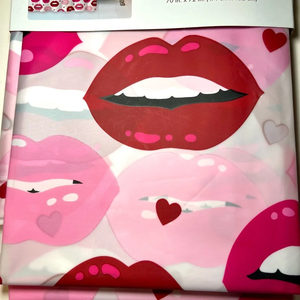 Hot Lips Peva Shower Curtain Love Red & Pinks Hearts Fun Novelty Design Lipstick